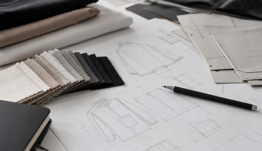 Apparel development table with patterns and trims